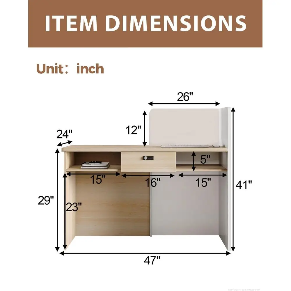 47 Small Retion Desk with Privacy Panel, Lockable Drawer & Shelves, Compact Front Desk or Sn, Spa & Retail Checkout (Light Oak &