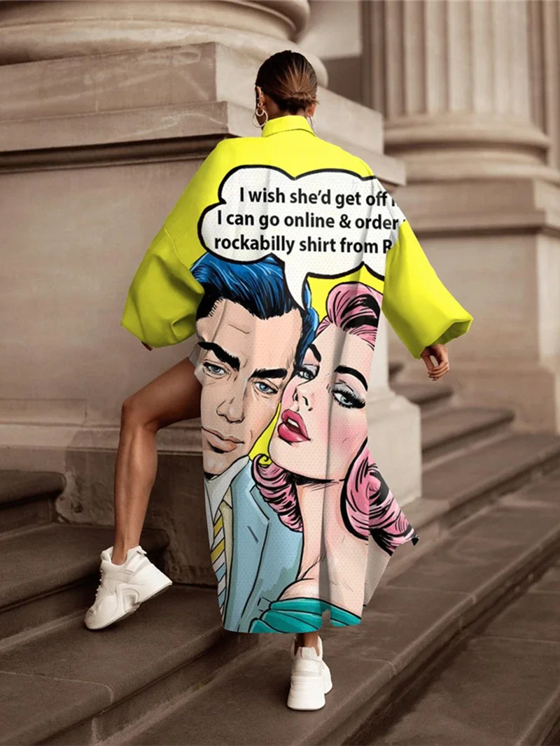 Oversized Two Piece Shorts Sets Women Tracksuit Autumn Clothes Cartoon Print Blouse Long Shirt Top Shorts Suit Fashion Woman Set