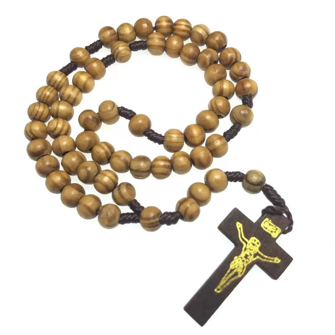 Rosario religioso de cuentas de madera de Oliva/Pino, Rosario Católico con cruz de madera, barato, venta al por mayor, 10 unids/lote por paquete