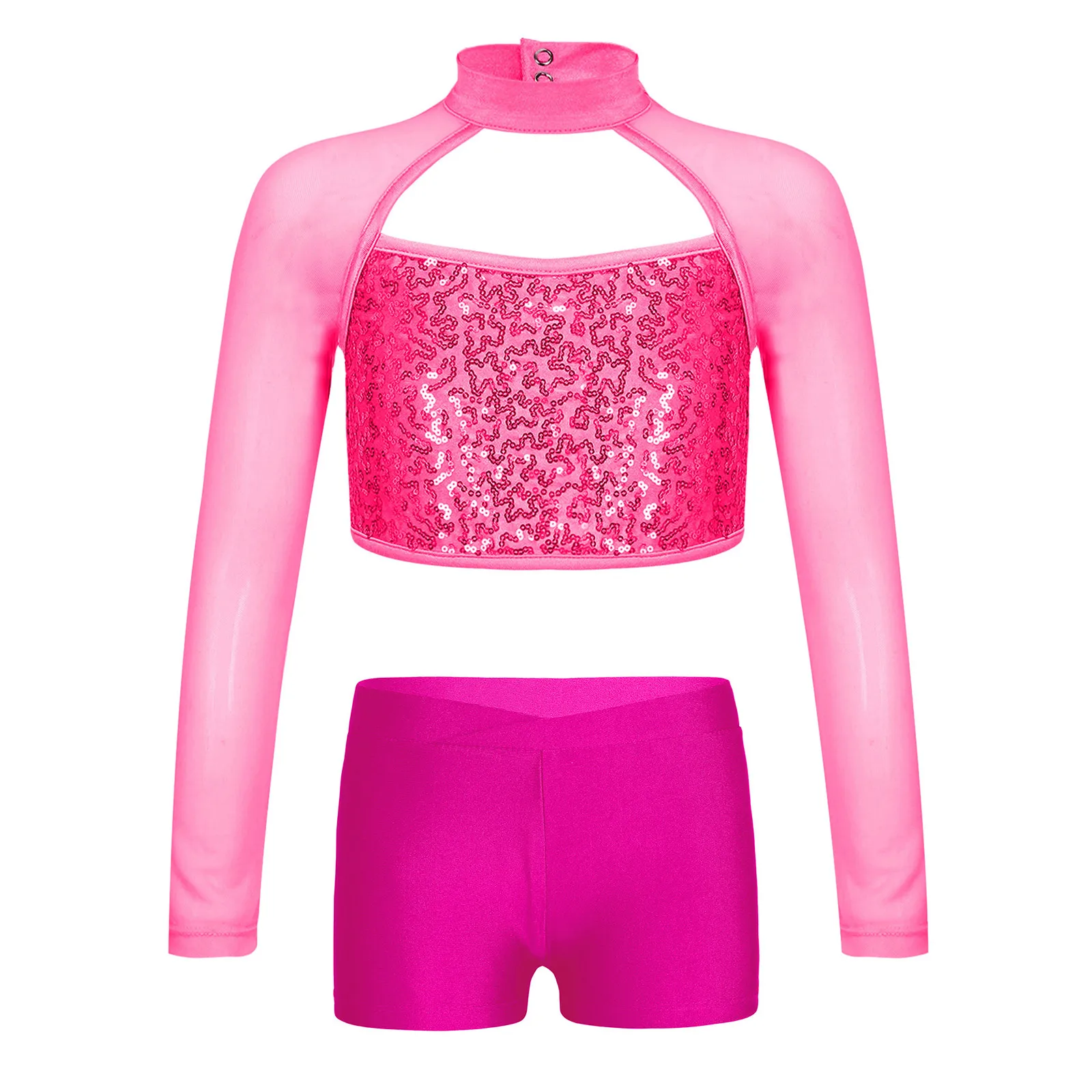 

Girls Sequins Jazz Dance Costume Outfits Gymnastics Cheerleading Dancewear Sheer Mesh Long Sleeve Shiny Crop Top with Shorts Set