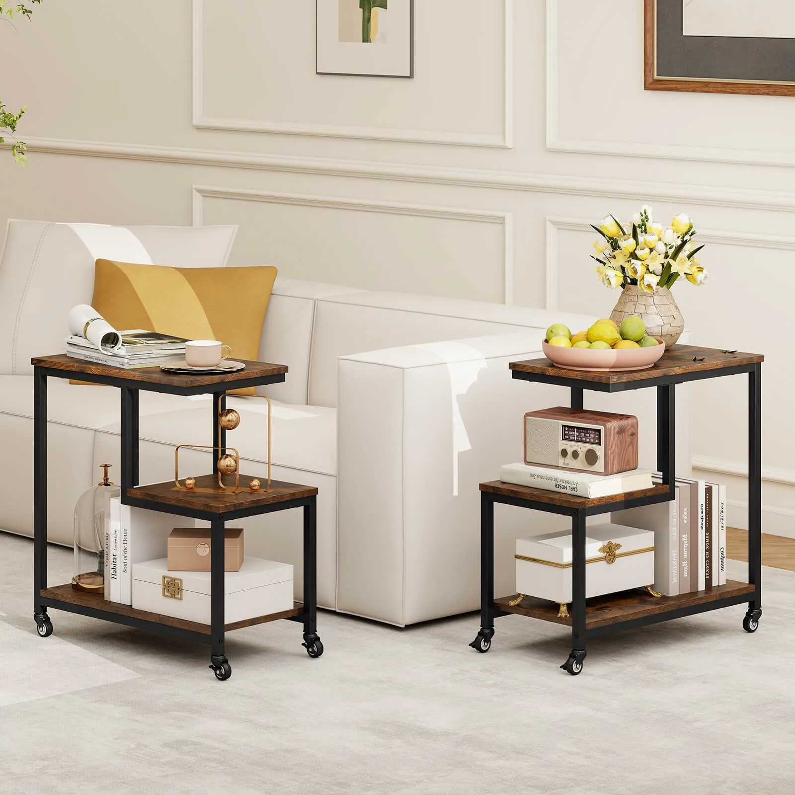 

2PCS Modern G-Shaped End Table w/ Storage Shelves & Lockable Casters