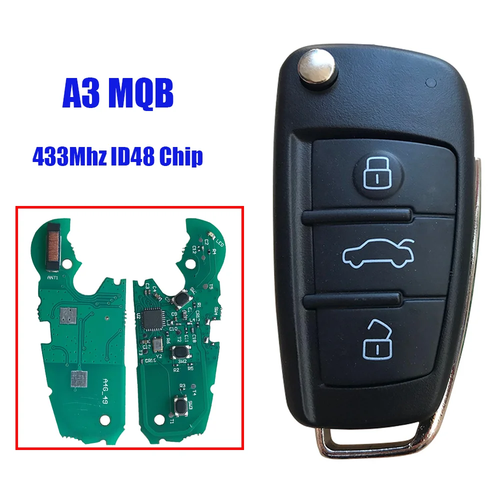 For Audi A3 S3 MQB ID48 KeylessGo Remote Key 3 Button Folding Flip Smart Car Key Fob 433Mhz
