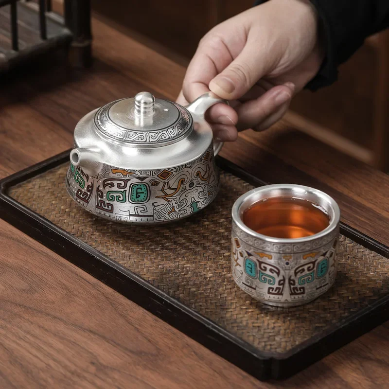 Luxury 999 sterling silver ceramic colored portable Kungfu pot household office gift Tea Cup Set with tiny leather suitcase