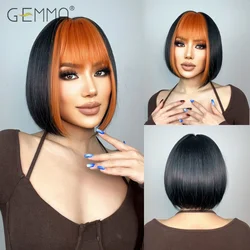 GEMMA Black Short Bob Wig with Orange Bangs Copper Brown Synthetic Cosplay Hair Wigs for Women Daily Heat Resistant Fibre Wig