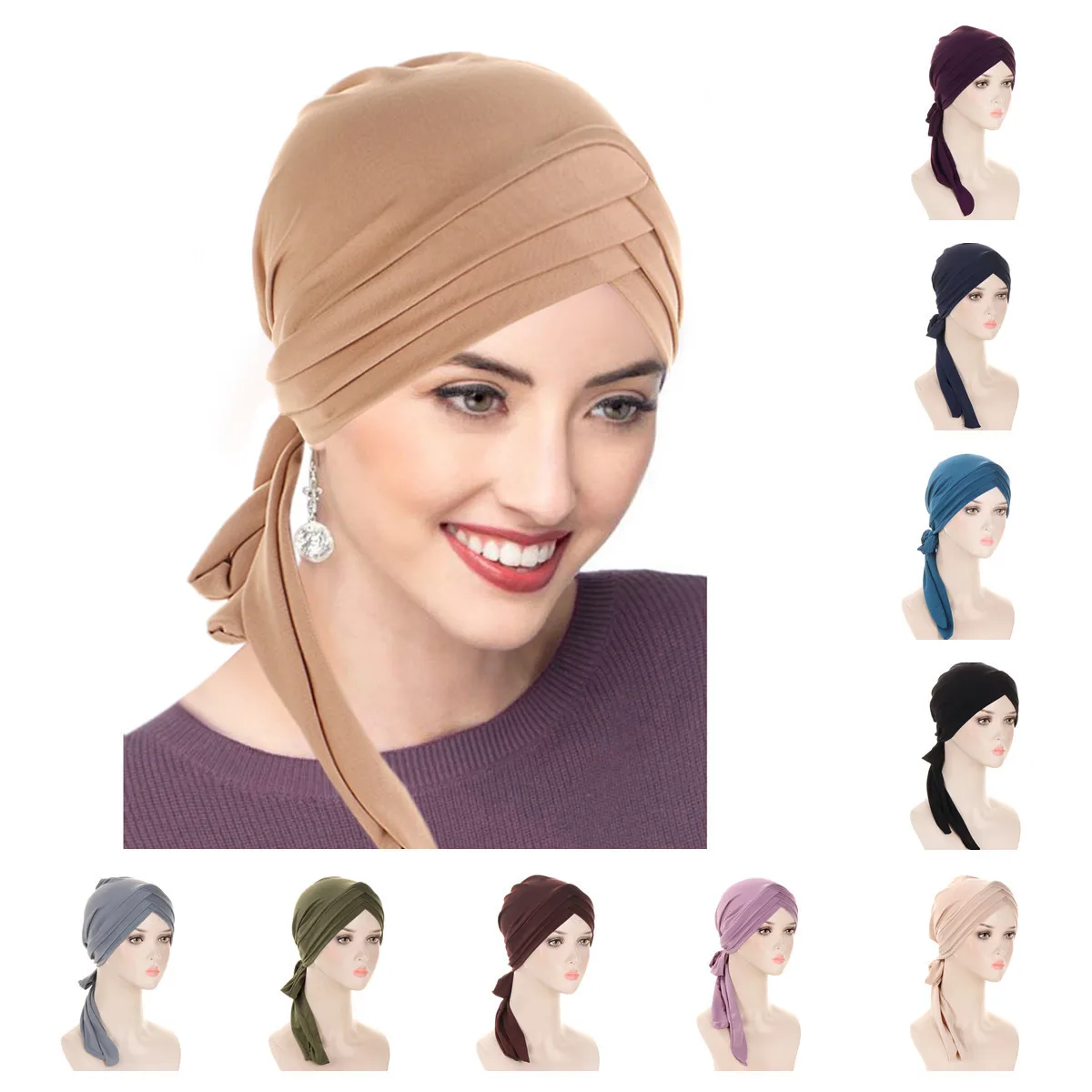 Solid Colored Triple Crossed Forehead Turban Hats Long Tail Tie Straps Hijab Hats Beanies Ramadan Chemo Cap For Women