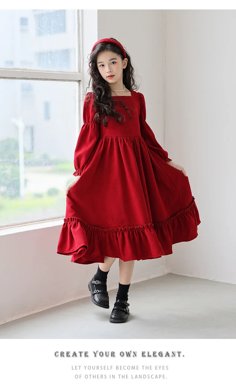 Kinder Mädchen Langarmkleider Herbst UNITIM 4-14 Jahre Kinder Mädchen Kleid mit quadratischem Kragen Rotes Kleid mit Rüschen Junior Mädchen Prinzessinnenkleider – Detail 9