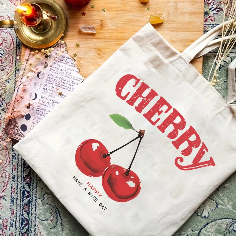 1pc Cherry Patterned Handbag Aesthetic Tote Bags Canvas Bag Fruit Cute Shopping Bags Canvas Shoulder Bag Women Students Eco Shop