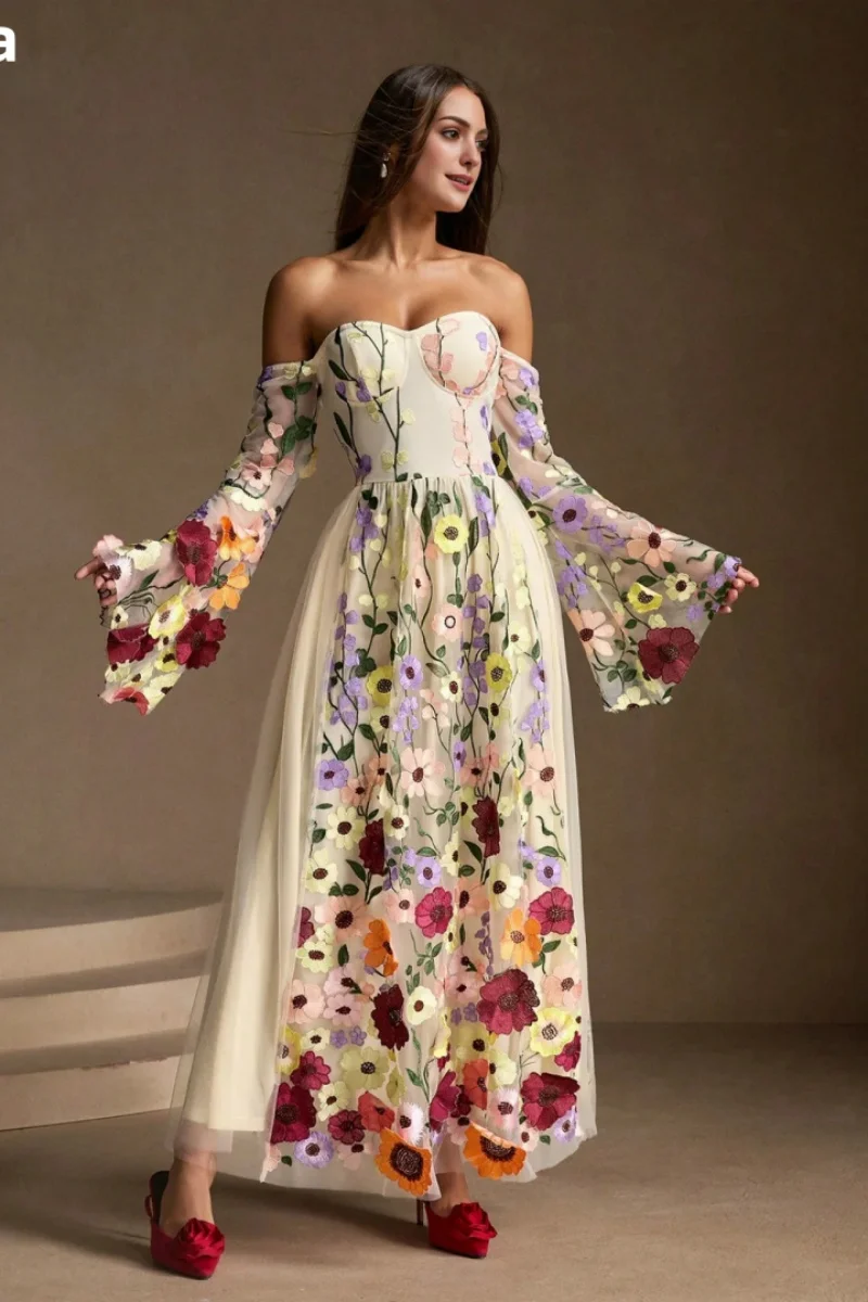 Jessica Champagne Prom Dresses Embroidered Floral Puffy Long Sleeves Wedding Dress Princess Robes De Soirée Customized 2025