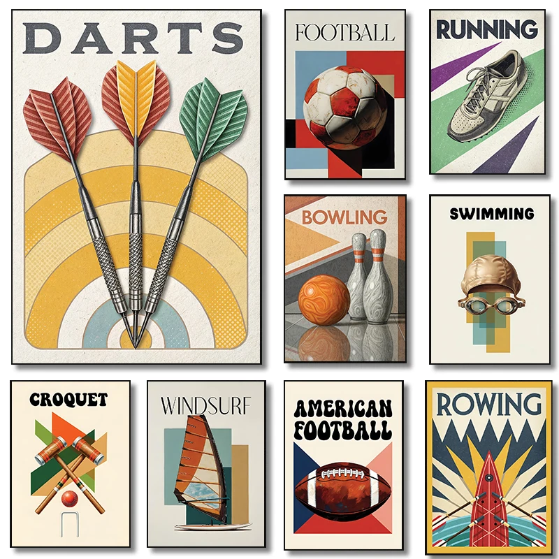 Vintage Croquet Game Darts Geometric Poster Bowling Windsurfing Sail Board Prints Canvas Painting Wall Art Pictures Home Decor