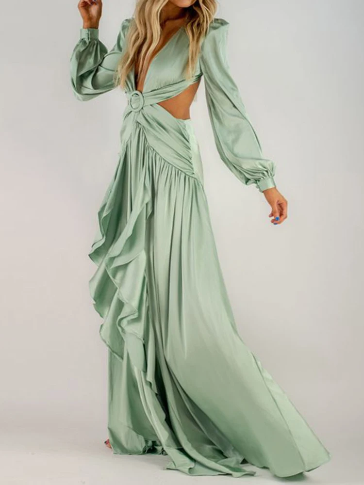 Drauuing Cut Out Maxi Dresses Women Loose Hem Long Sleeve Party Dresses Female Side Hollow Out V Neck Sexy Long Dresses Solid