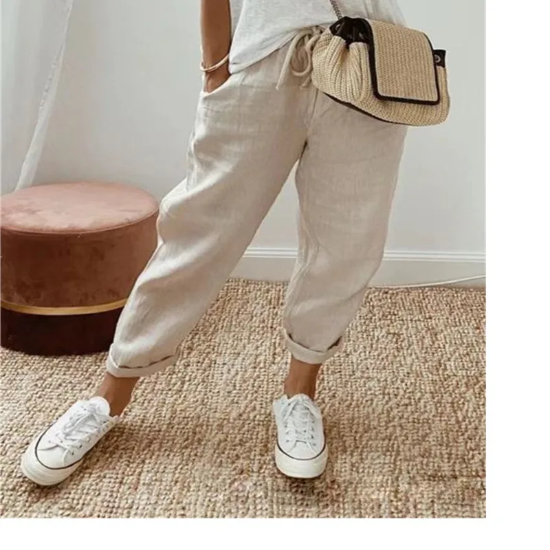 

2024 Autumn Cotton Linen Wide Leg Pants For Women's Pants Casual All-match Pants Female Solid Loose High Waist Straight Trousers