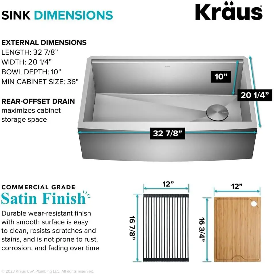 Kore Workstation Stainless Steel Kitchen Sink, Farmhouse Plano Avental, Tigela Única, Integrado Ledge, 16 Gauge, 33"