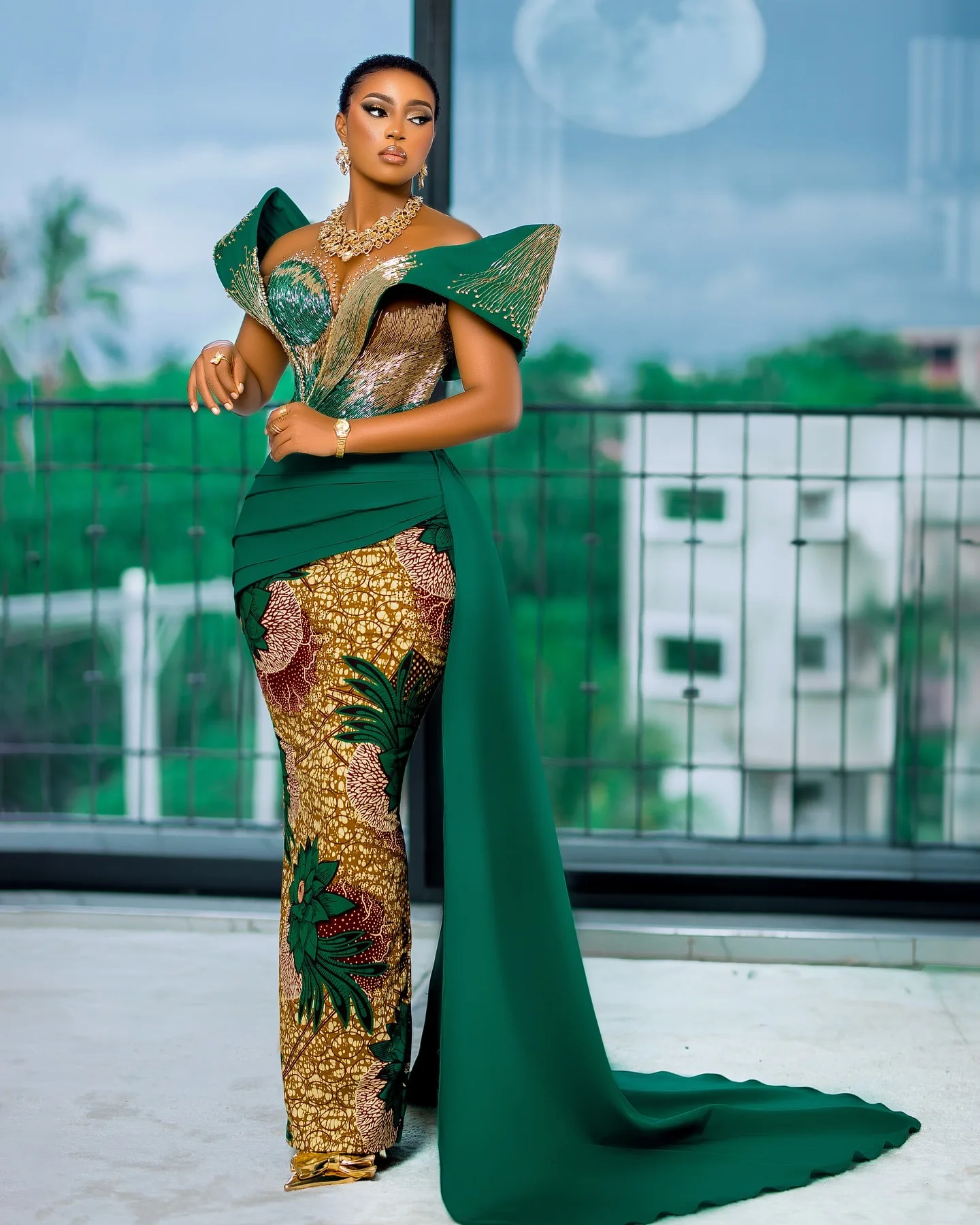 Hunter africano verde recto 2025 vestidos de fiesta impreso con cuentas cuello transparente noche Formal fiesta cumpleaños vestidos ZJ1782