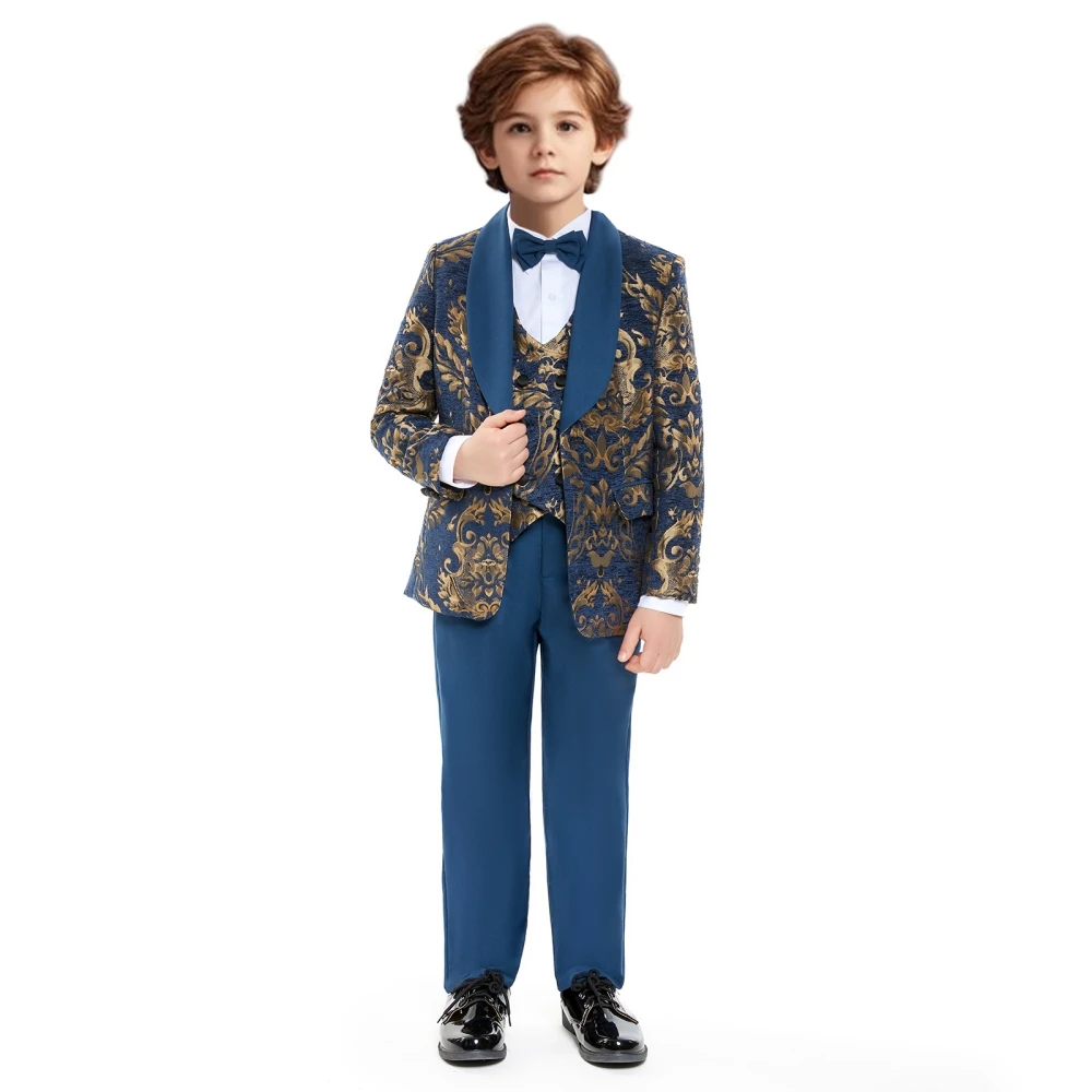 Stylish Navy Blue Kids Suits For Catwalk Show Fast Delivery Boys Suit Set 4 Pieces Jacket Vest Pants Bow-tie Wedding Party 3-14Y