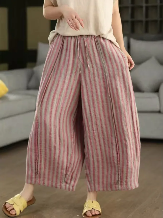 

Retro Striped Wide Leg Pants Women's Loose Casual High Waist Elastic Waistband Summer New Style Fashionable Nine-Piece Pants
