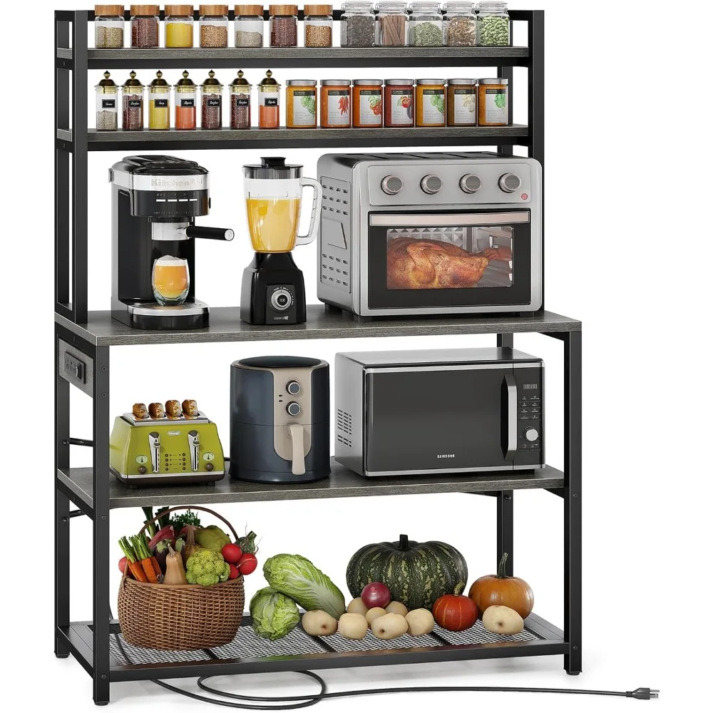 

Denkee 39.4 Inch Wide Large Bakers Rack with 3 Power Outlets, 5 Tiers Kitchen Stands with Storage, Freestanding Microwave Stand