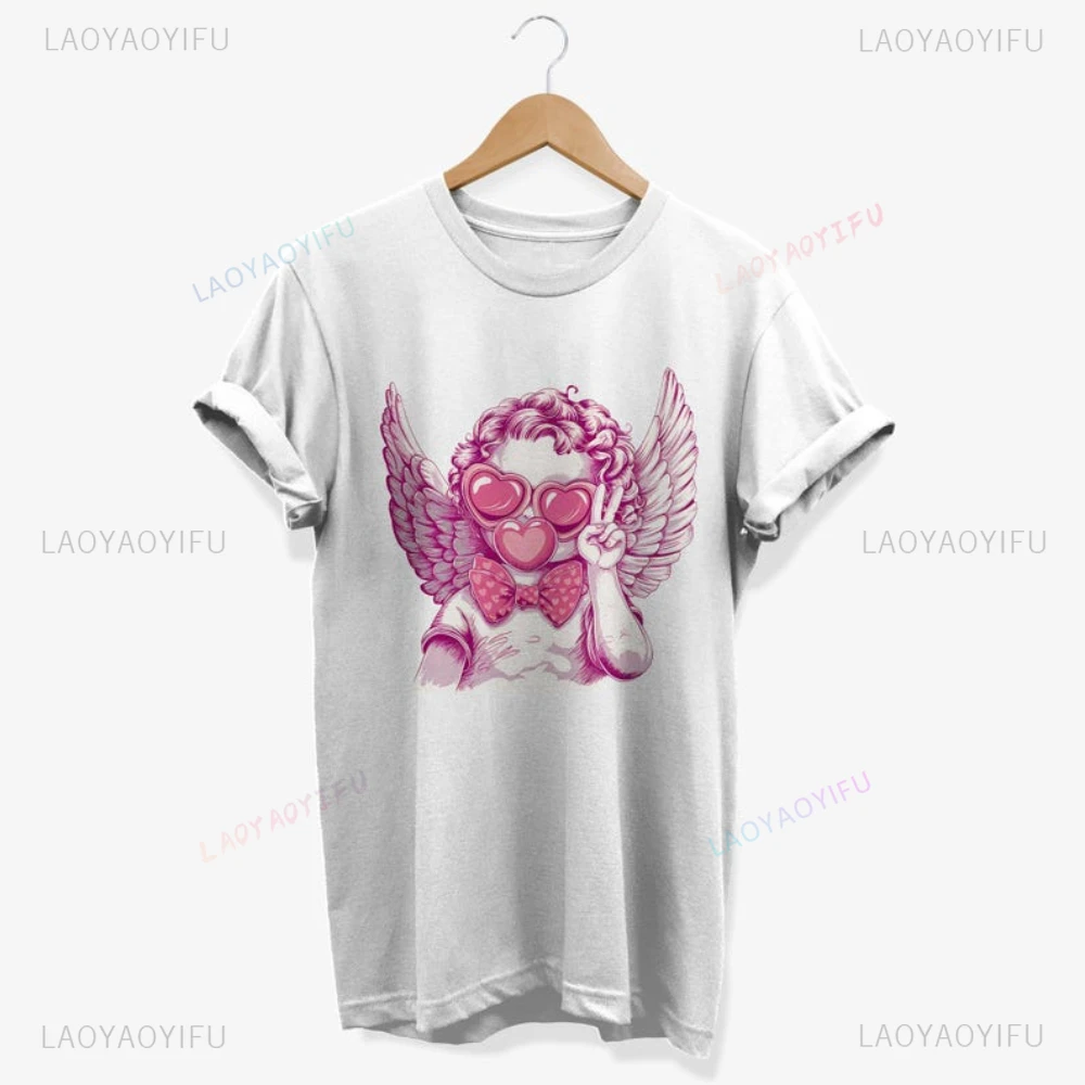 Cupid Angel Bubble Gum Printed Woman Man T-shirt Retro Coquette St Valentines Day Cotton T Shirts Vintage Angel Lovers Gift