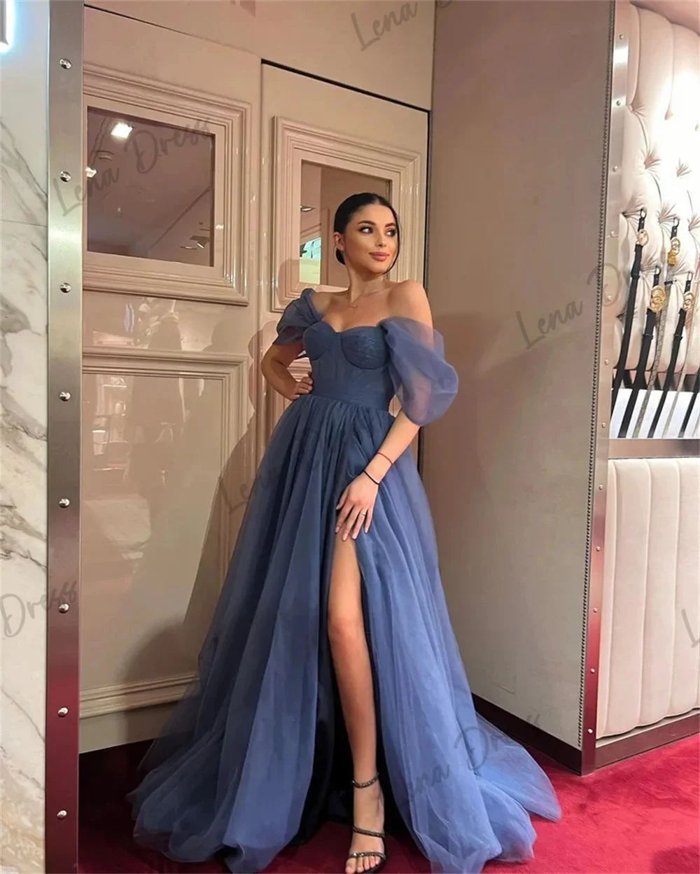 Lena Line A Elegant Party Dresses for Women Luxury Evening Dresses 2024 Gauze Blue Off the Shoulders Side Slit Prom Dress Gala