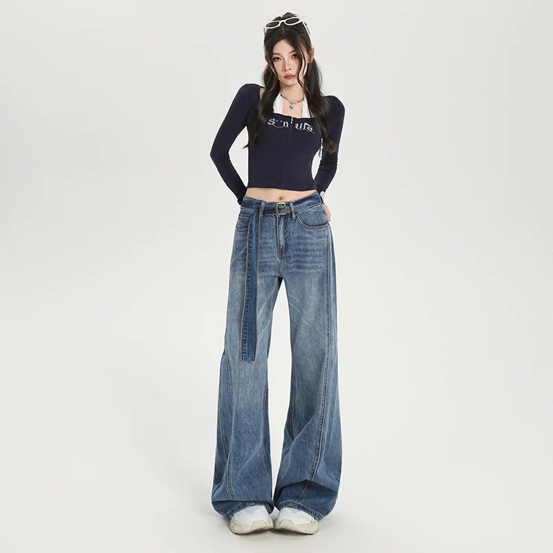 

Новые женские расклешенные джинсы в американском ретро-стиле, стройнящие, универсальные, свободного кроя, длиной в пол【с поясом】