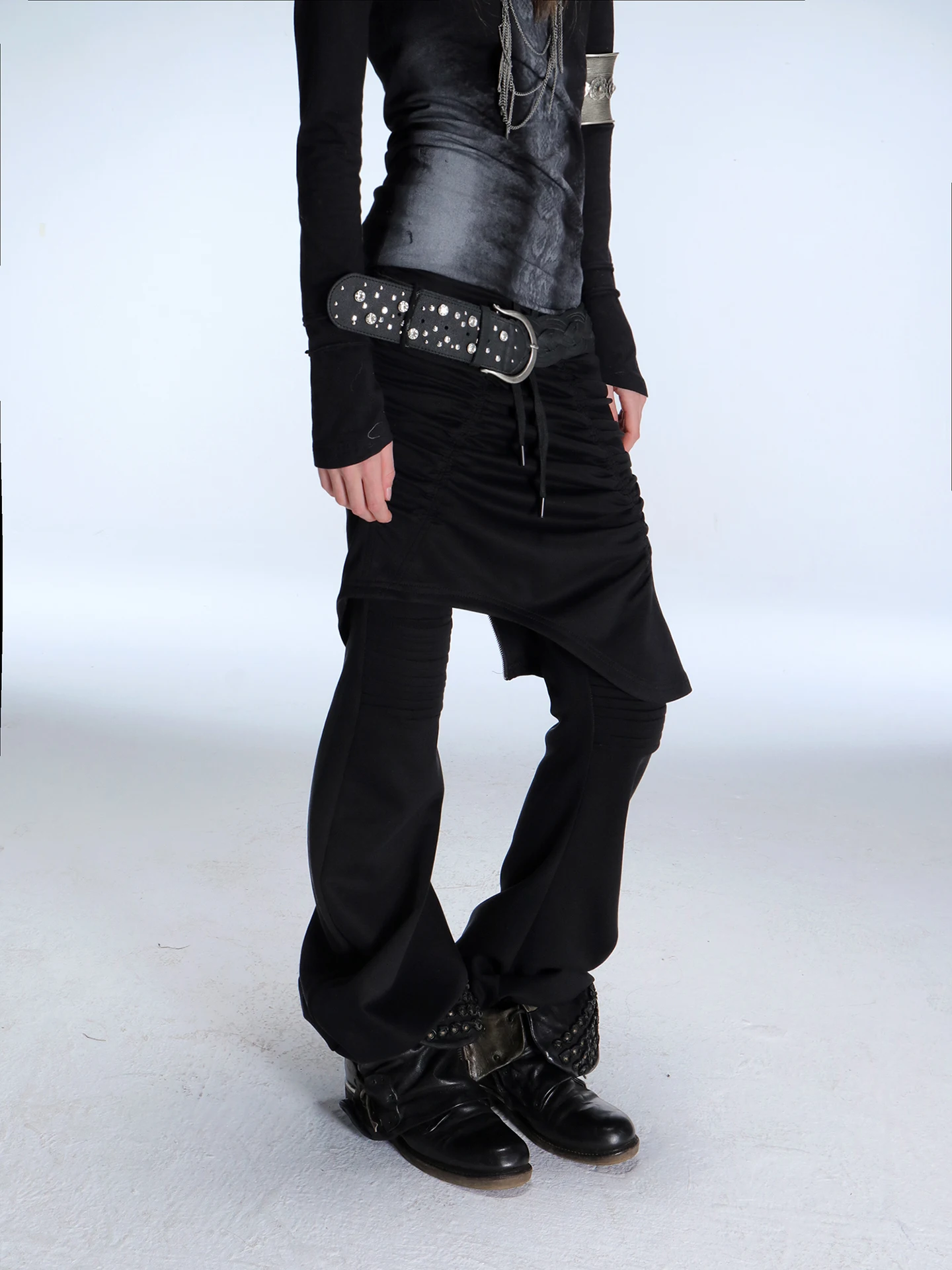 

DoublePunch Original Street Sle Casual Pants Pleated Elastic Fabric Pretend Two-pieces Skirt Pants Trousers for Women