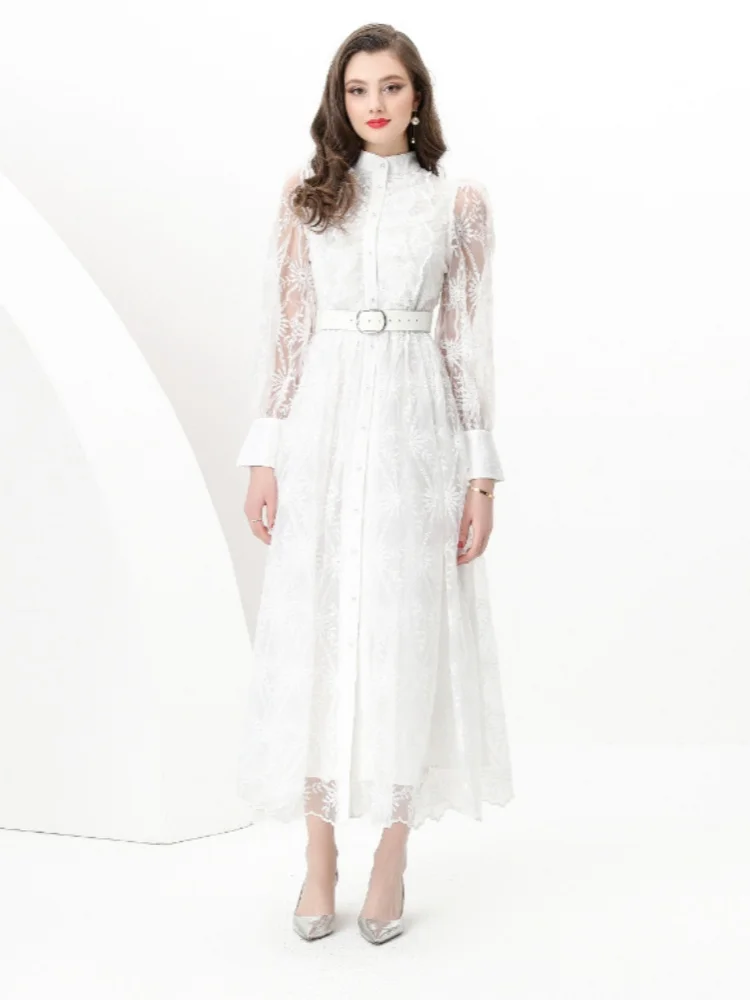 

French Vintage Elegant Mesh Embroidery Lace Dress Women's Stand Collar Full Sleeve New Fashion Slim Waist Runway Long Dress
