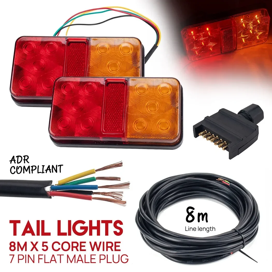 LED Trailer Tail Light Kit Pair 8m 5 Core Wire 7 Pin Flat Plug Caravan Ute Waterproof Rear Lamp Set