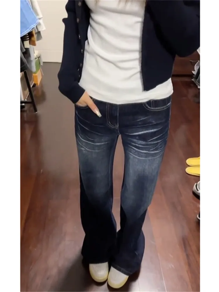 

Retro American Deep Blue Low Waist Wide Leg Jeans Women's Spring Loose Slimming Sexy Wear Resembling Pants
