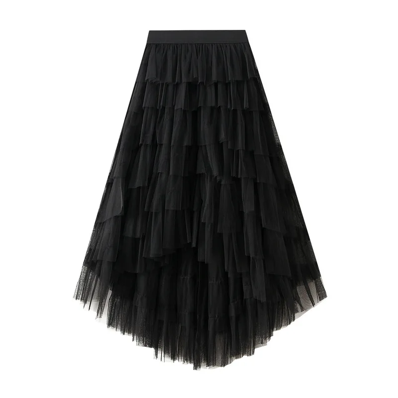 Women's Tulle Skirt Ruffle Multilayer Mesh A Line Tier Tutu Prom Irregular High Waisted Gradient Rainbow TulleLong Skirt 1379