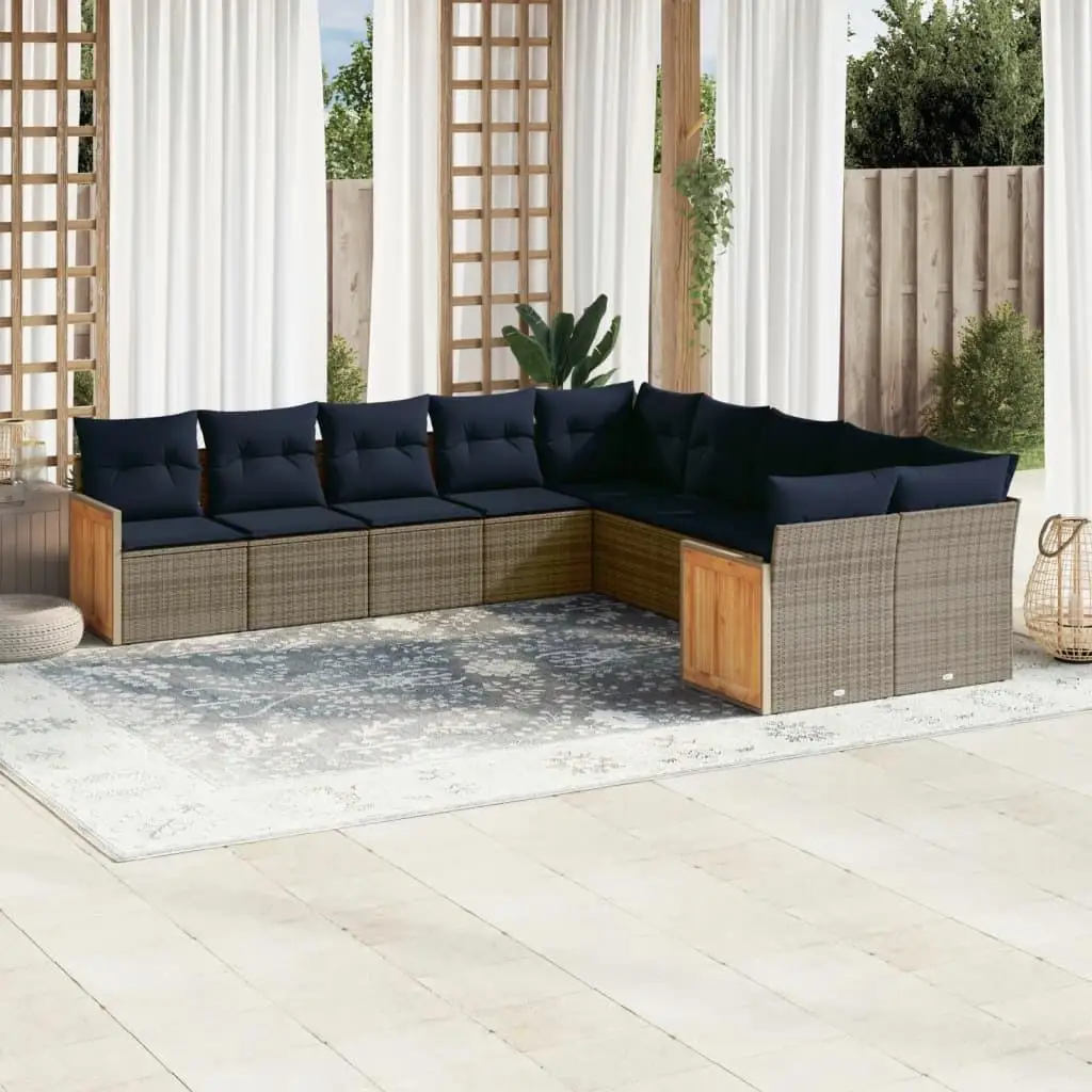 

10 Piece Gray Poly Rattan Outdoor Patio Sofa Set with Soft Cushions for Garden Balcony and Deck
