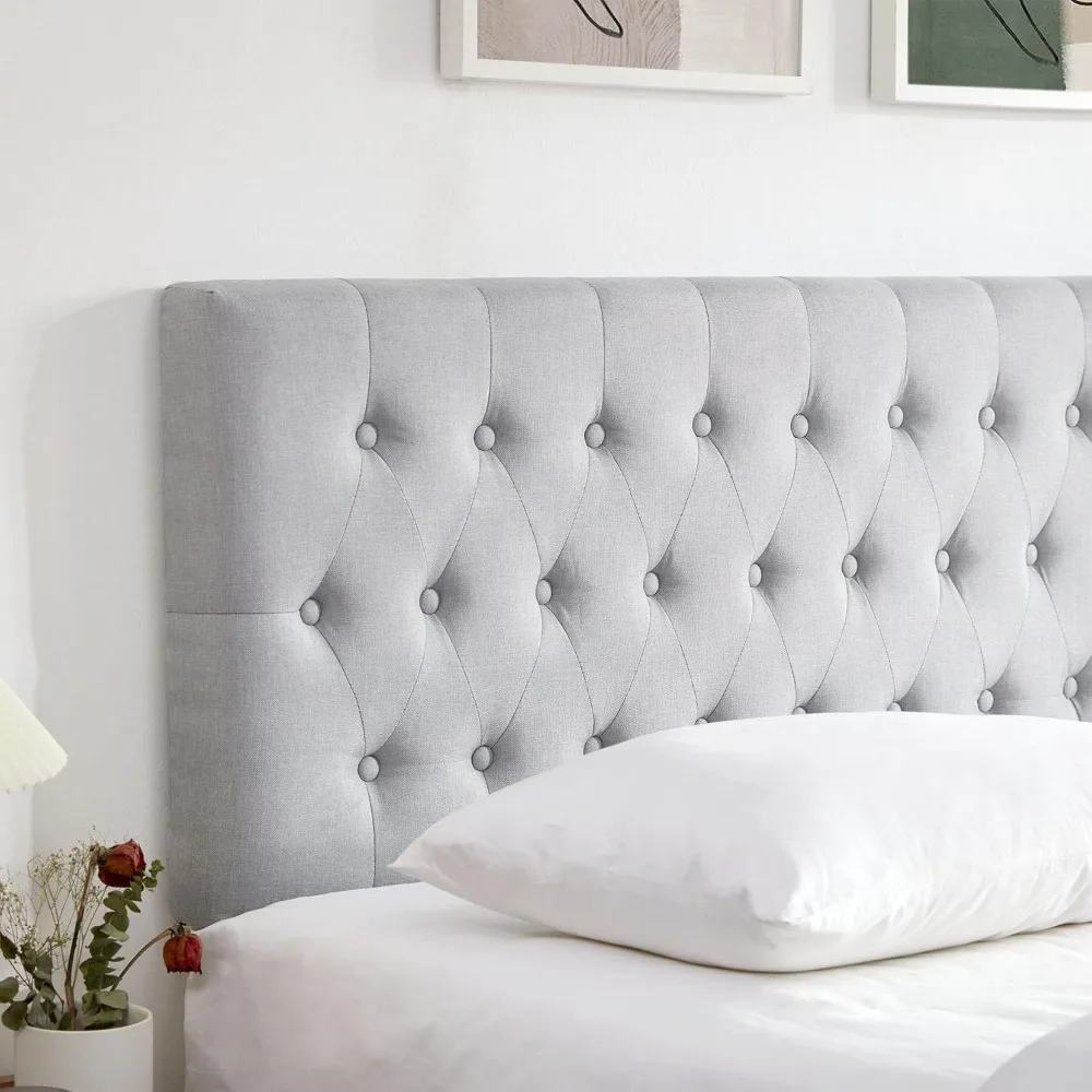 Tufted Upholstered Queen Size Bed Headboard in Modern Button Design, Adjustable Solid Wood Head Board, Premium Linen Fabric