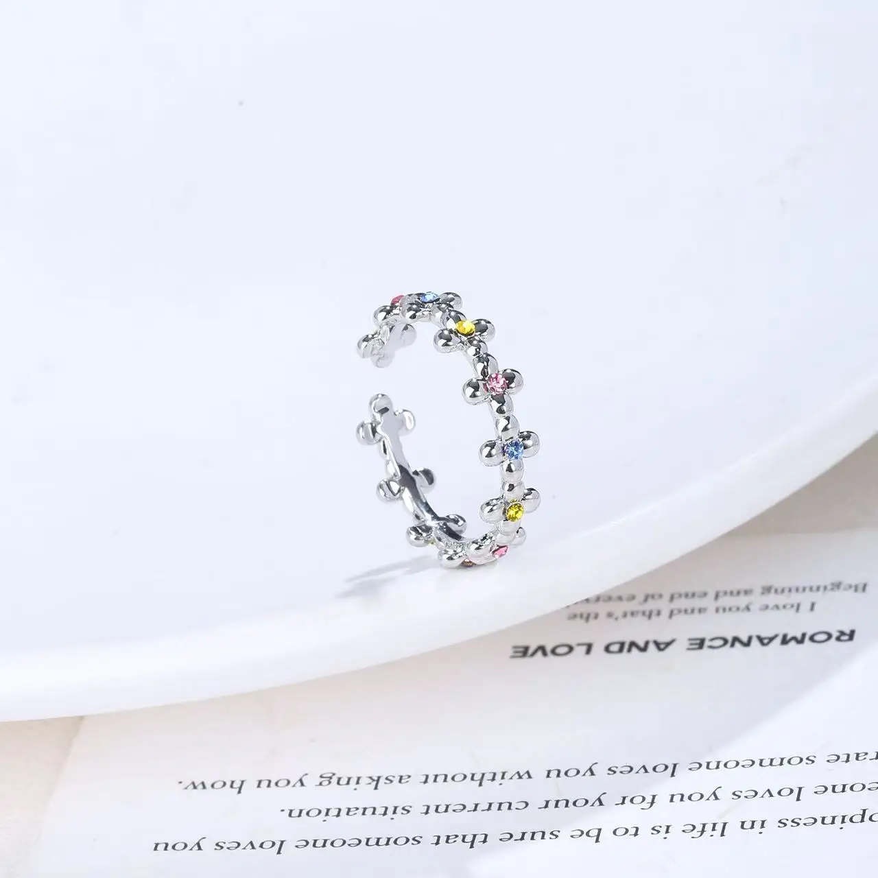 Vintage Retro Cross‑flower Row Versatile Adjustable Open‑band Ring, Niche High‑end Light‑luxury Index Finger Ring
