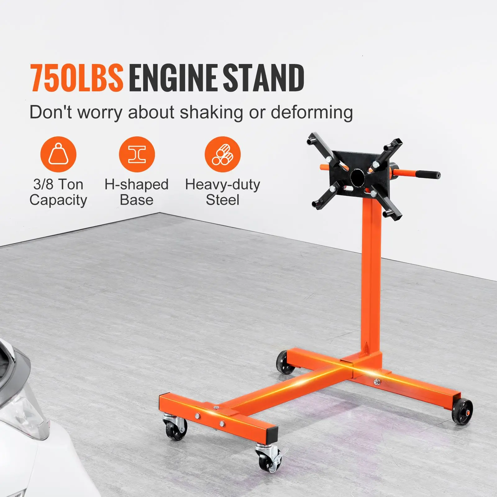 Engine Stand, 750 Lbs (3/8 Ton) Rotating Engine Motor Stand with 360 Degree Adjustable Head, Cast Iron Motor Hoist Dolly