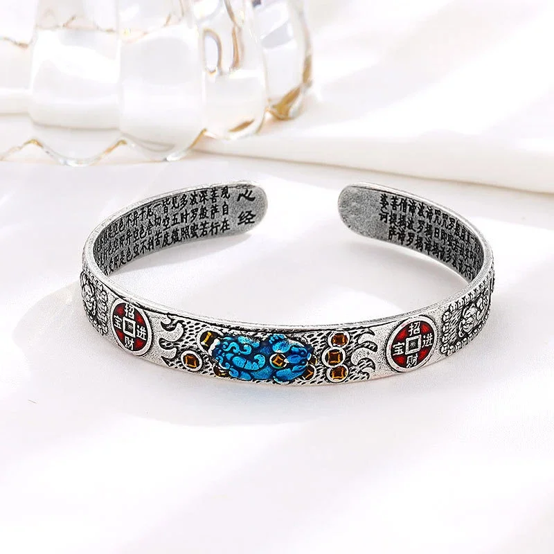 925 Thai Silver Classic Colorful Enamel Pixiu Men Bracelet Simple Charms Chinese Style Vintage Bangles for Women Banquet Jewelry