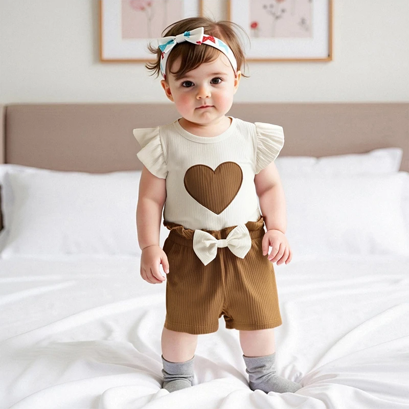 

Одежда для малышей, летние наряды в рубчик для маленьких девочек, футболка с рукавами-крылышками и вышивкой в виде сердца, комплекты с шортами и бантом