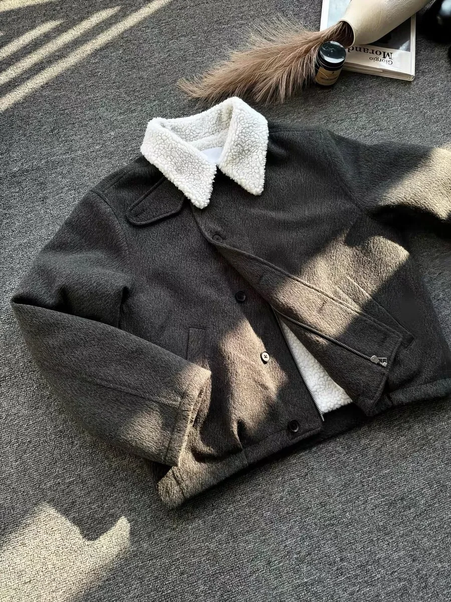 

Lamb Fur Lined Cotton Jaet Stand Collar Warm Casual ex Winter Outerwear Cleanfit Coat for Men And Women