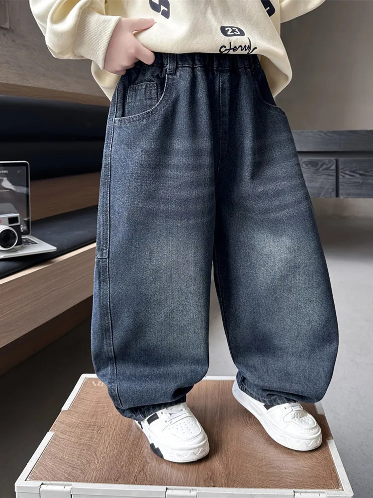 Spring&Autumn Fashion Boy Jeans Elastic Waist Teen Curved-knife Pants Classic Blue Kids Denim Pants Children Loose Trousers 2-11 2