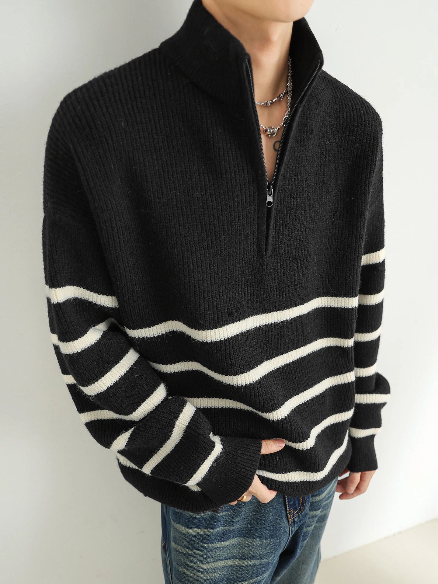 

Мужской полосатый свитер на молнии с воротником-стойкой, теплая верхняя одежда, вязаная повседневная осенне-зимняя винтажная американская внутренняя одежда