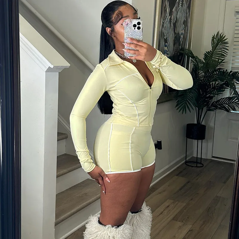 

Solid Patchwork Casual Tracksuits Set Woman Two Piece Sets Long Sleeve Zipper Jacket Top and Pocket Shorts Sport Suit Matching