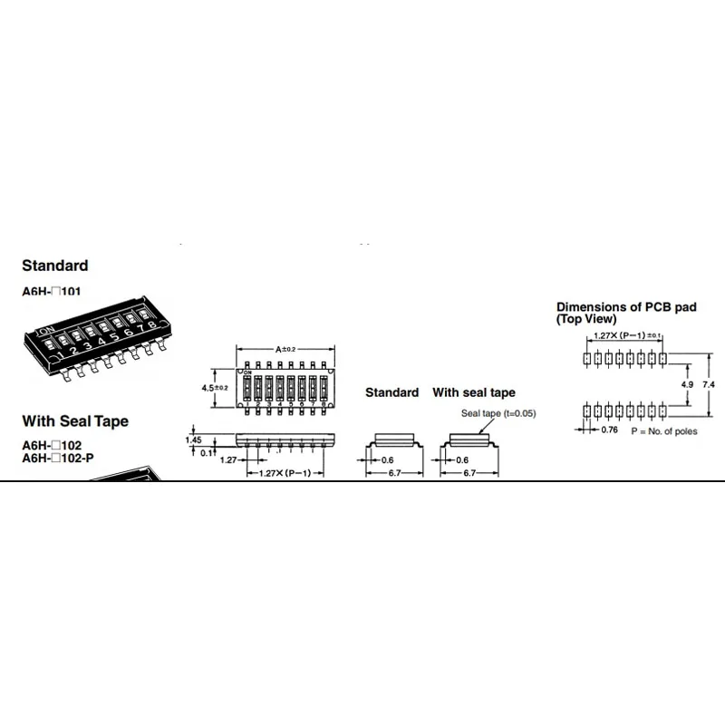 Llave de Piano SMT de 2 posiciones, A6H-2101-PM importada de Japón, 1,27mm, Tipo 2P, 1 unidad por lote