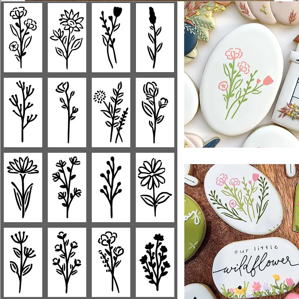 Juego de 16 Plantillas Florales para Pasteles, Molde Reutilizable de PET de Grado Alimenticio para Decoración de Repostería, Fondant, Manualidades con Azúcar y Pintura DIY