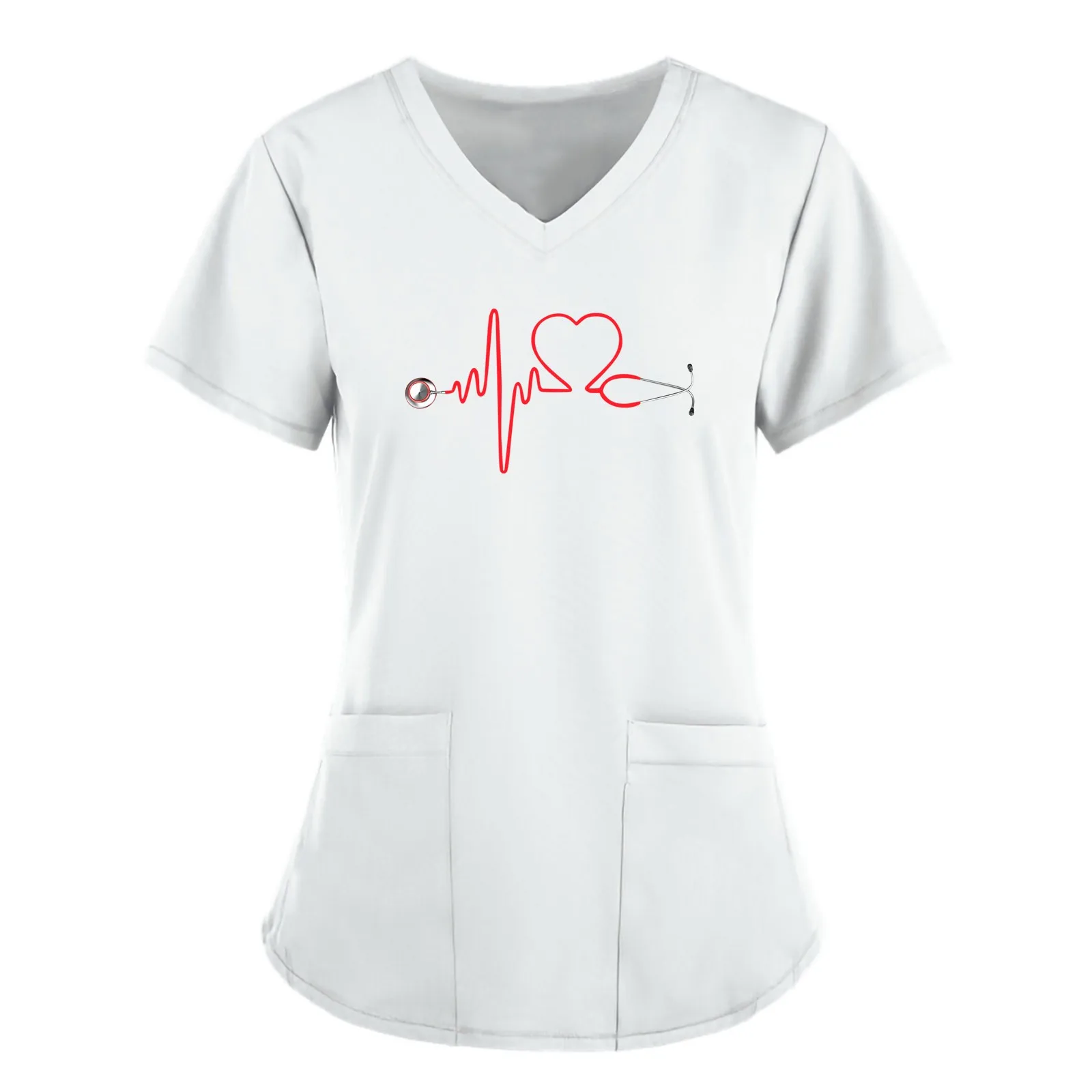 Ropa de mujer con patrón de estetoscopio, Tops de manga corta con cuello en V, uniforme esmerilado, médico y enfermera, nueva moda