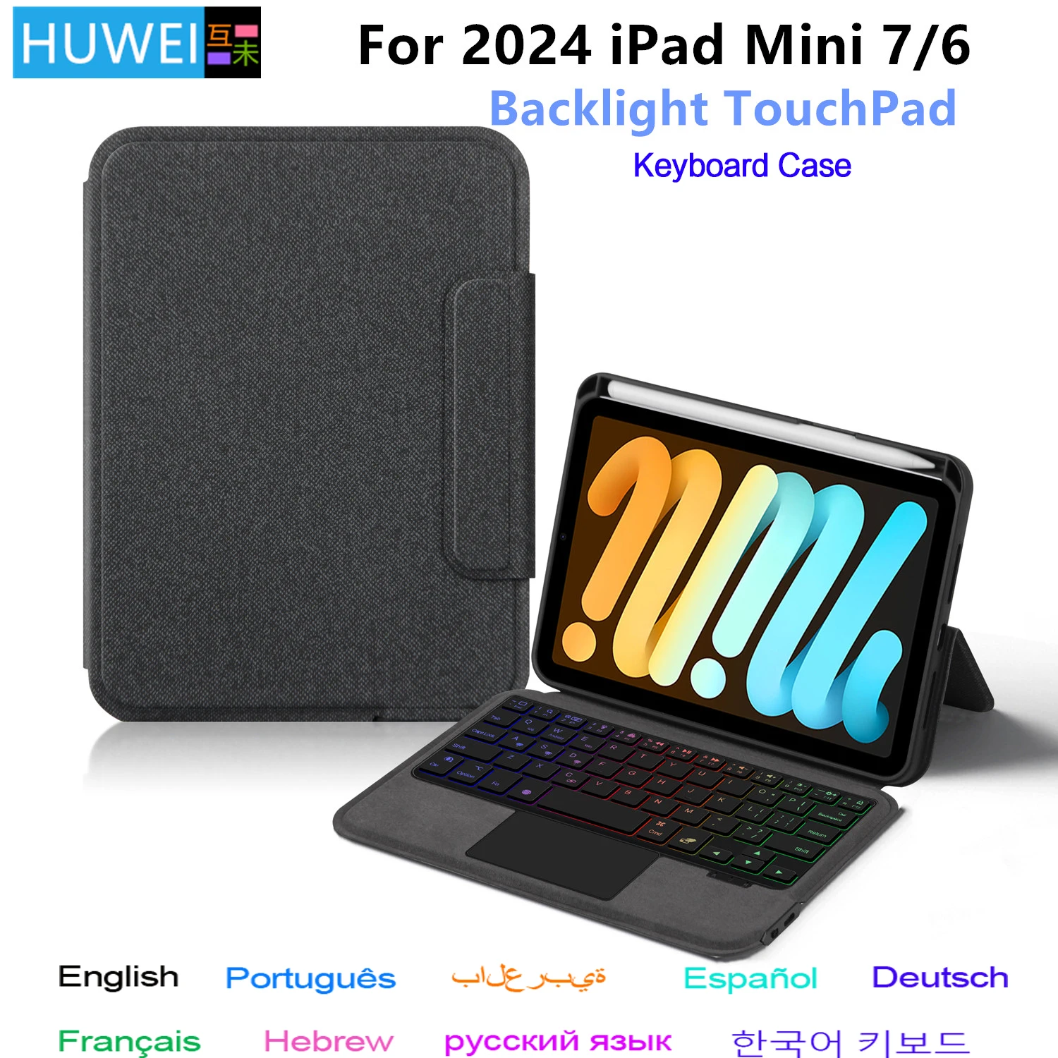 

Клавиатура с подсветкой HUWEI для iPad Mini 7, чехол Mini 2024 A17 Pro, 8,3-дюймовый чехол-книжка, умная клавиатура с трекпадом, испанский, арабский