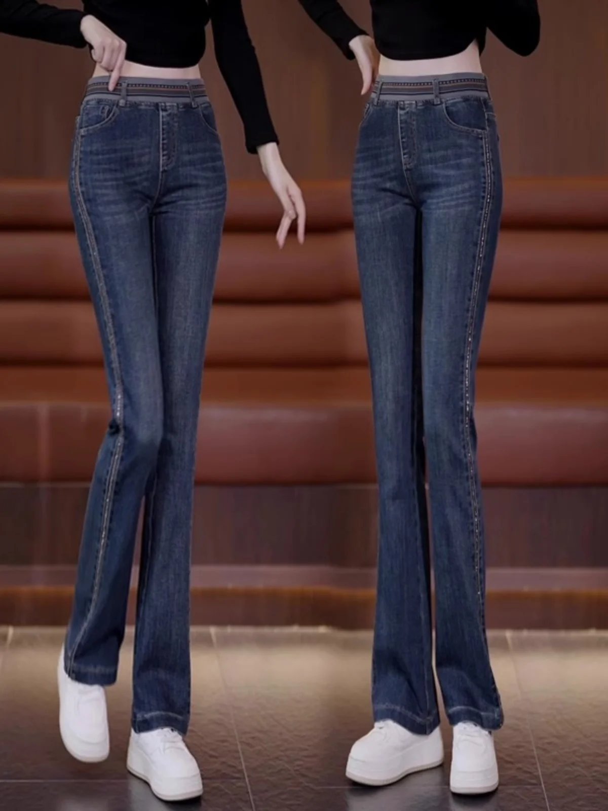 

Trendy High Waist Wide Leg Straight Jeans Women's Fce Lined Elastic Waist Spring Autumn Faionable Mom Jeans