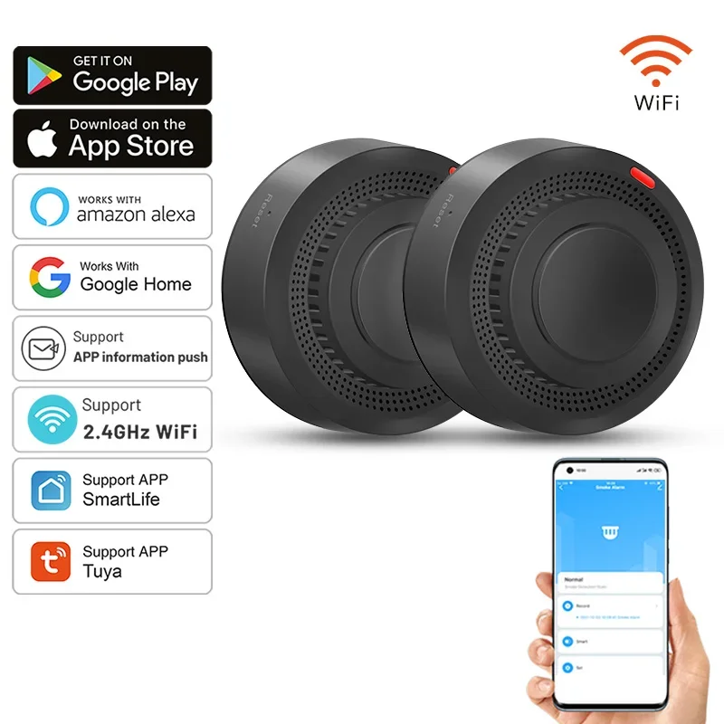 2pcs Tuya Smart WiFi Smoke Alarm Fire Detectorr with Test Button and Low Battery Signal Small Fire Alarm for Home