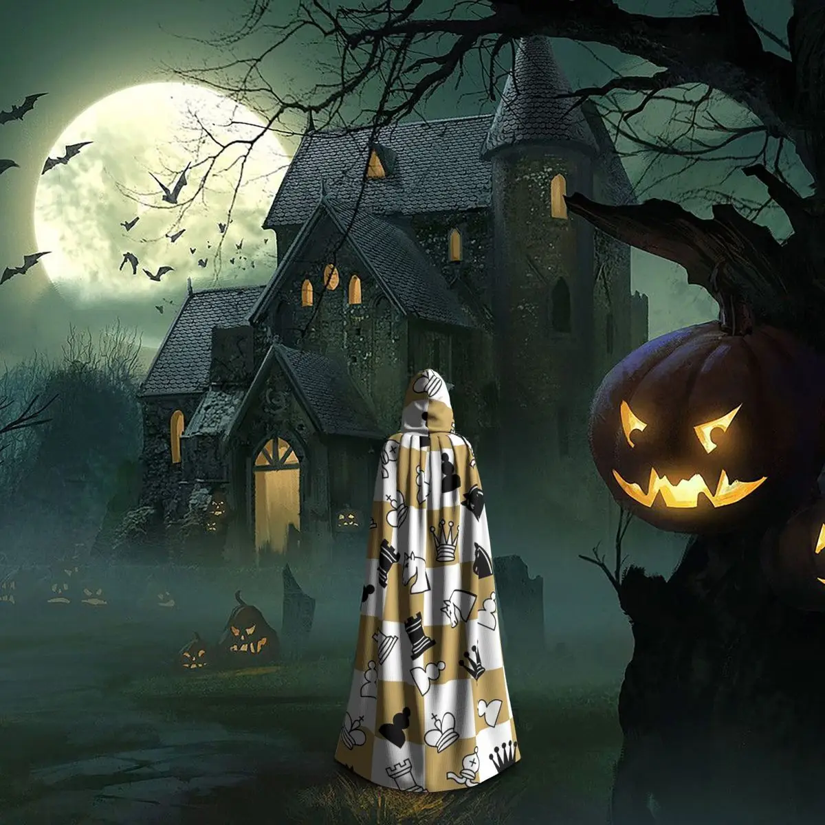 Capa larga con capucha de ajedrez, disfraz Medieval de bruja, capa de Cosplay, Halloween, vampiro, adulto, Unisex