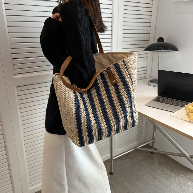 

Simple Casual Grass Rope Woven Beach Bag, Fashionable Women's One Shoulder Lightweight Large Capacity Tote Bag, Commuting Bag