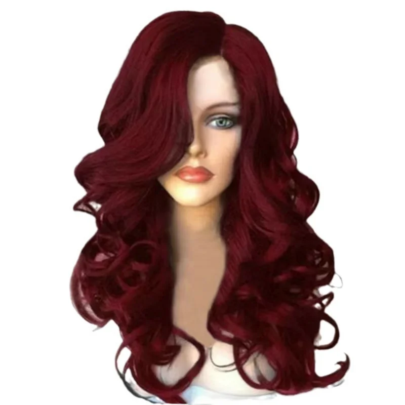 Fashionable women's long wavy hair in burgundy color, middle-parted, large waves, cosplay wig