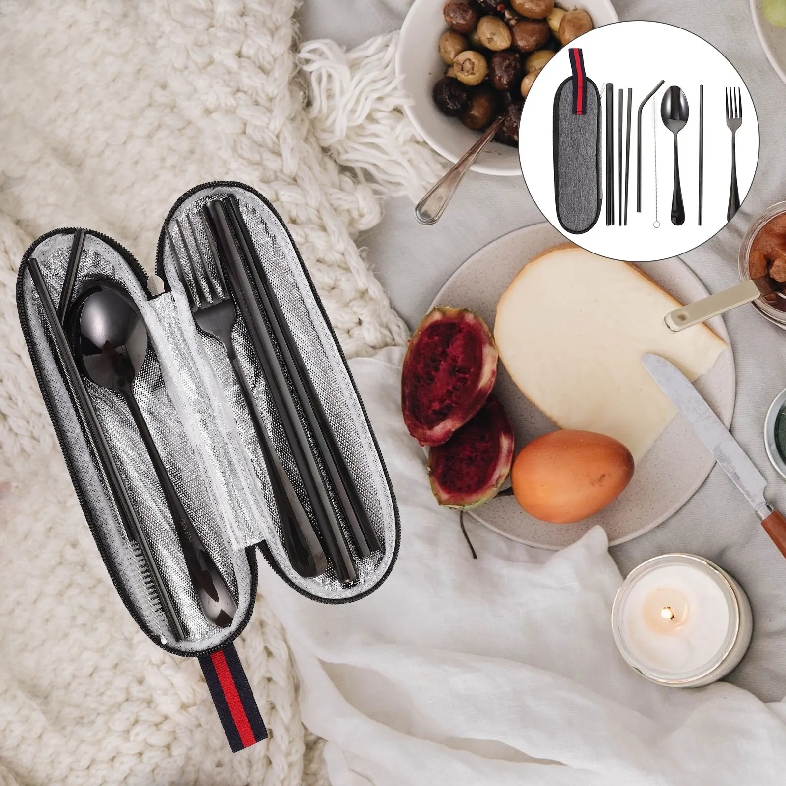 

1 set Stainless Steel Travel Utensils Set Portable Outdoor Tableware Kit Fork Spoon Chopsticks Straw Cleaning Brush Camping