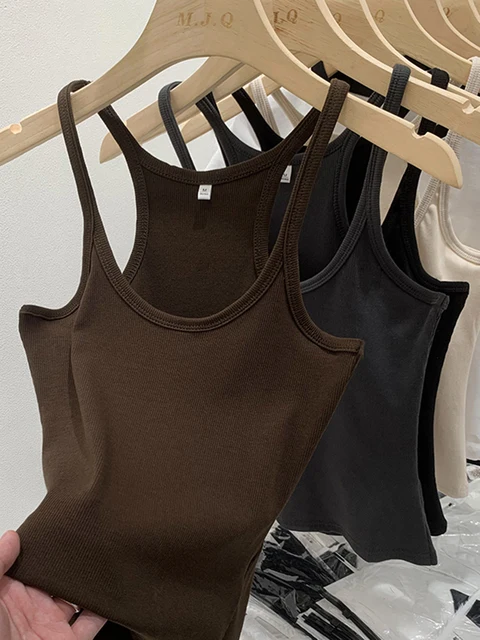 Jednokolorowy podstawowy prążkowany podkoszulek z dzianiny damski lato w stylu Vintage bez rękawów Camis 90s fajne dziewczęce Streetwear miękkie koszulki