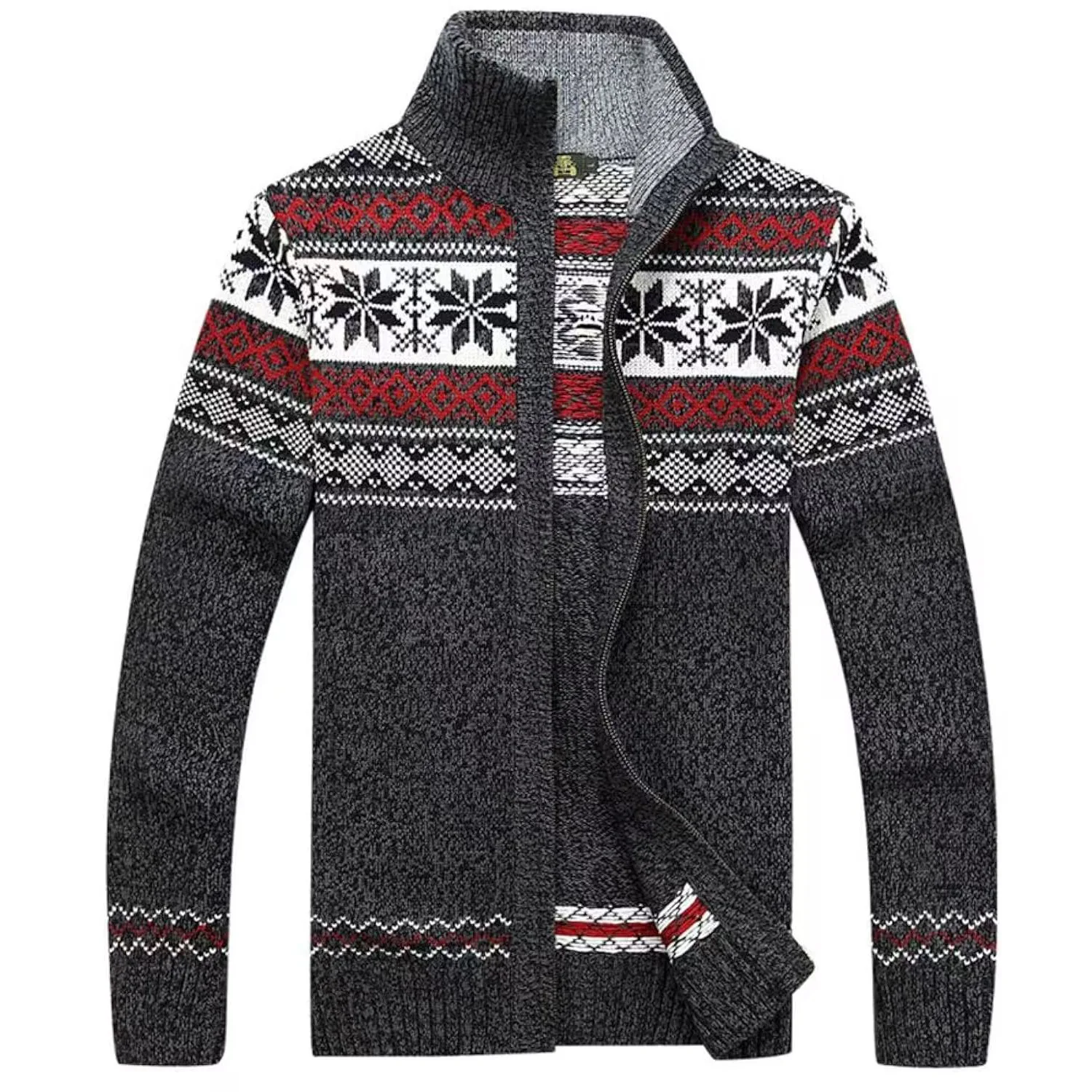 

Men's Long Sleeve Zip Up Patterned Knit Cardigan Nordic Style Colorful Sweater Coat Ideal for Cold Winter Days Casual Wear